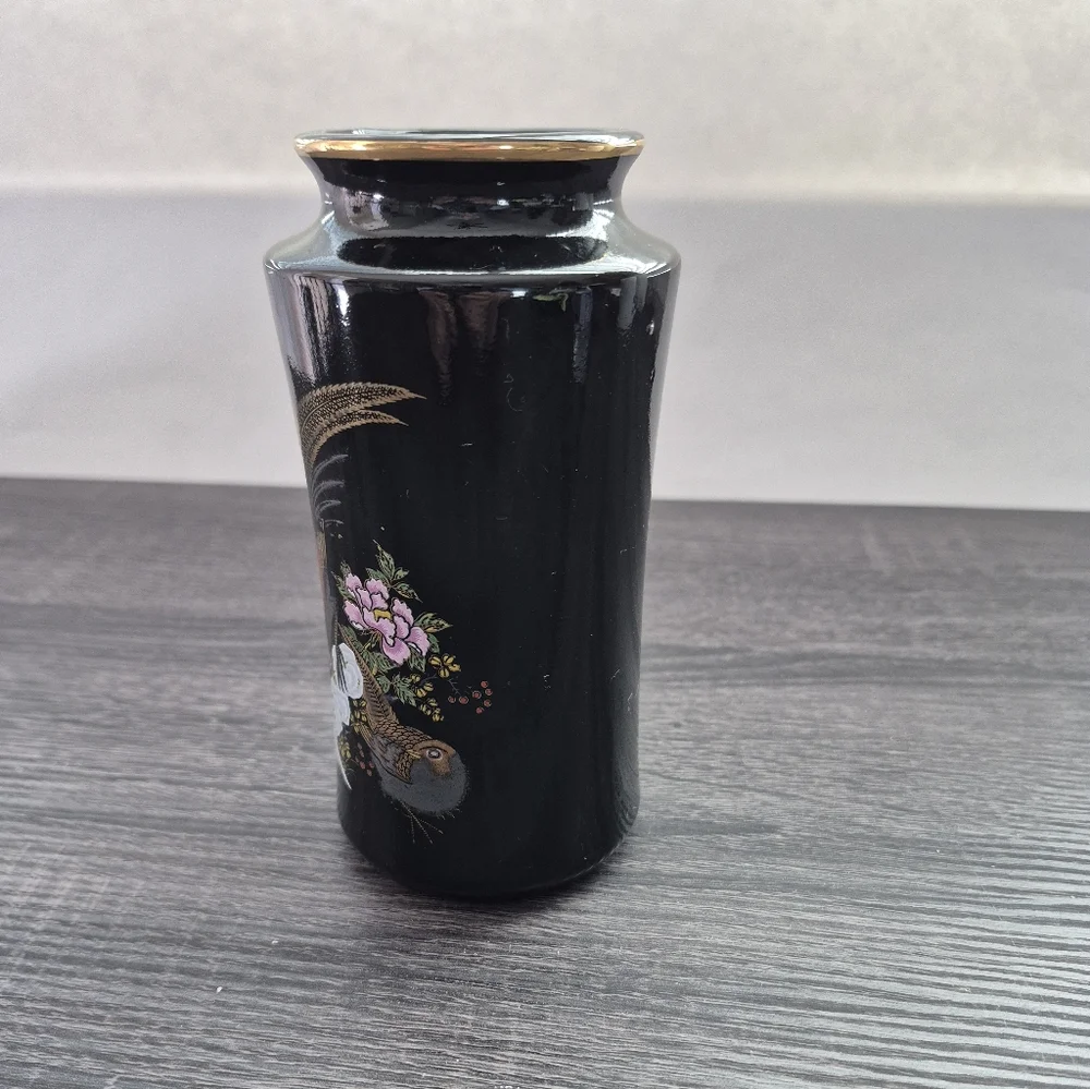 Japanese Black Vase with Floral and Bird Design - Picture 2 of 7